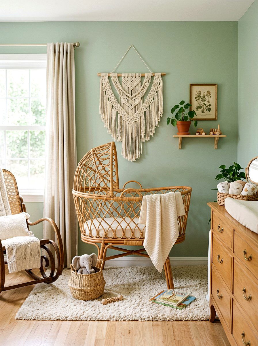 Rattan Baby Bassinet - 30 sage and cream nursery ideas