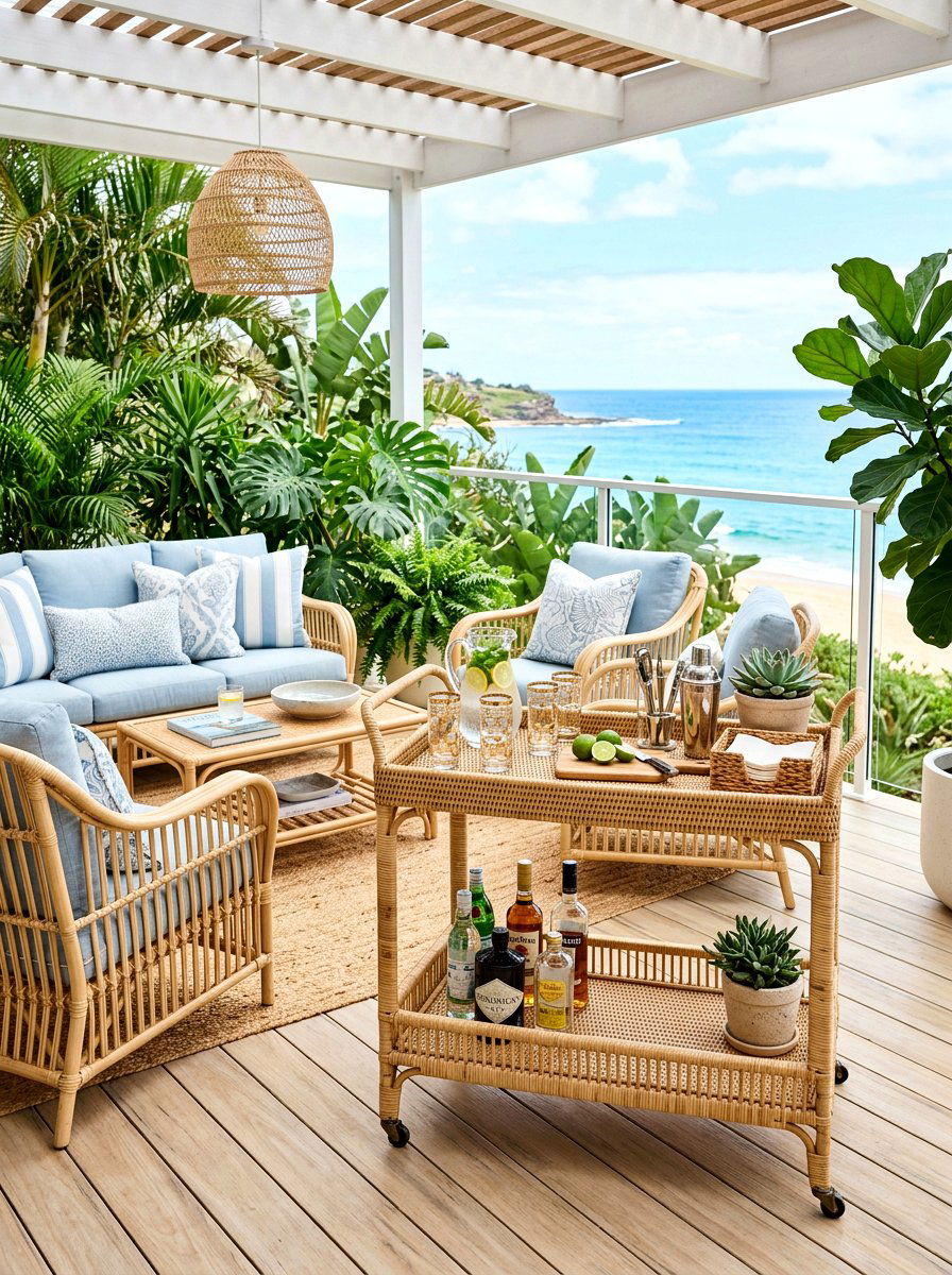 Rattan Bar Cart - 30 serving cart patio ideas