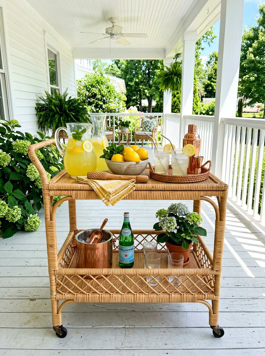 Rattan Bar Cart Setup - 30 Nancy Meyers patio ideas