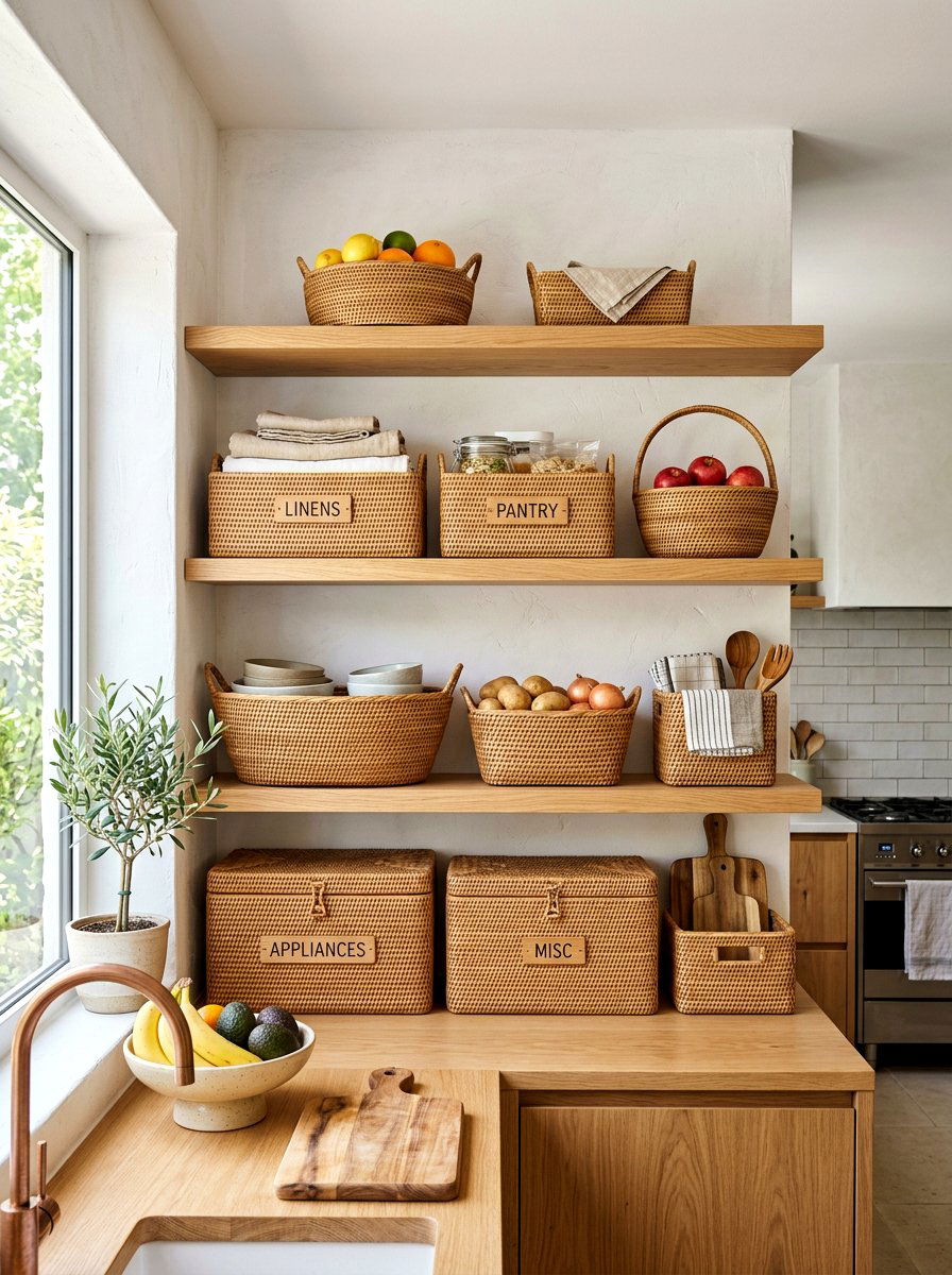 Rattan Basket Storage - 30 spring kitchen decor ideas
