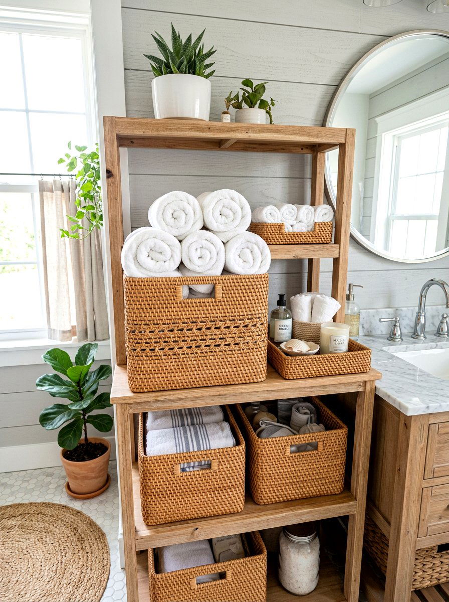 Rattan Bathroom Basket - 30 TikTok bathroom decor ideas
