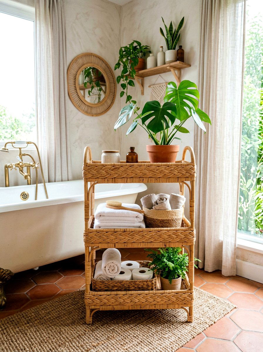 Rattan Bathroom Storage Cart - 30 aesthetic bathroom cart ideas