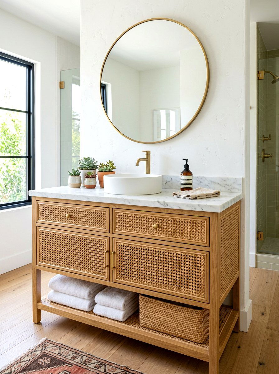 Rattan Bathroom Vanity - 30 boho bathroom ideas