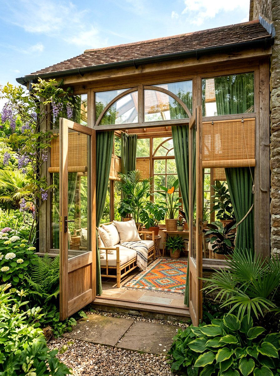 Rattan Blind With Earth Tone Drapes