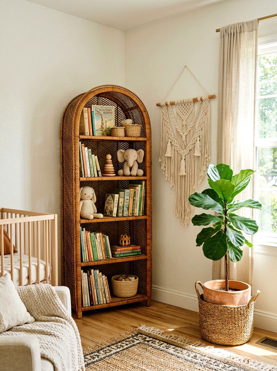 Rattan Bookshelf - 30 nursery bookshelf ideas