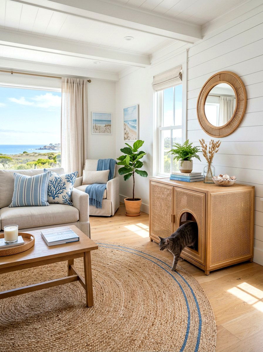 Rattan Cabinet Cat Litter Enclosure - 30 hidden litter area ideas aesthetic