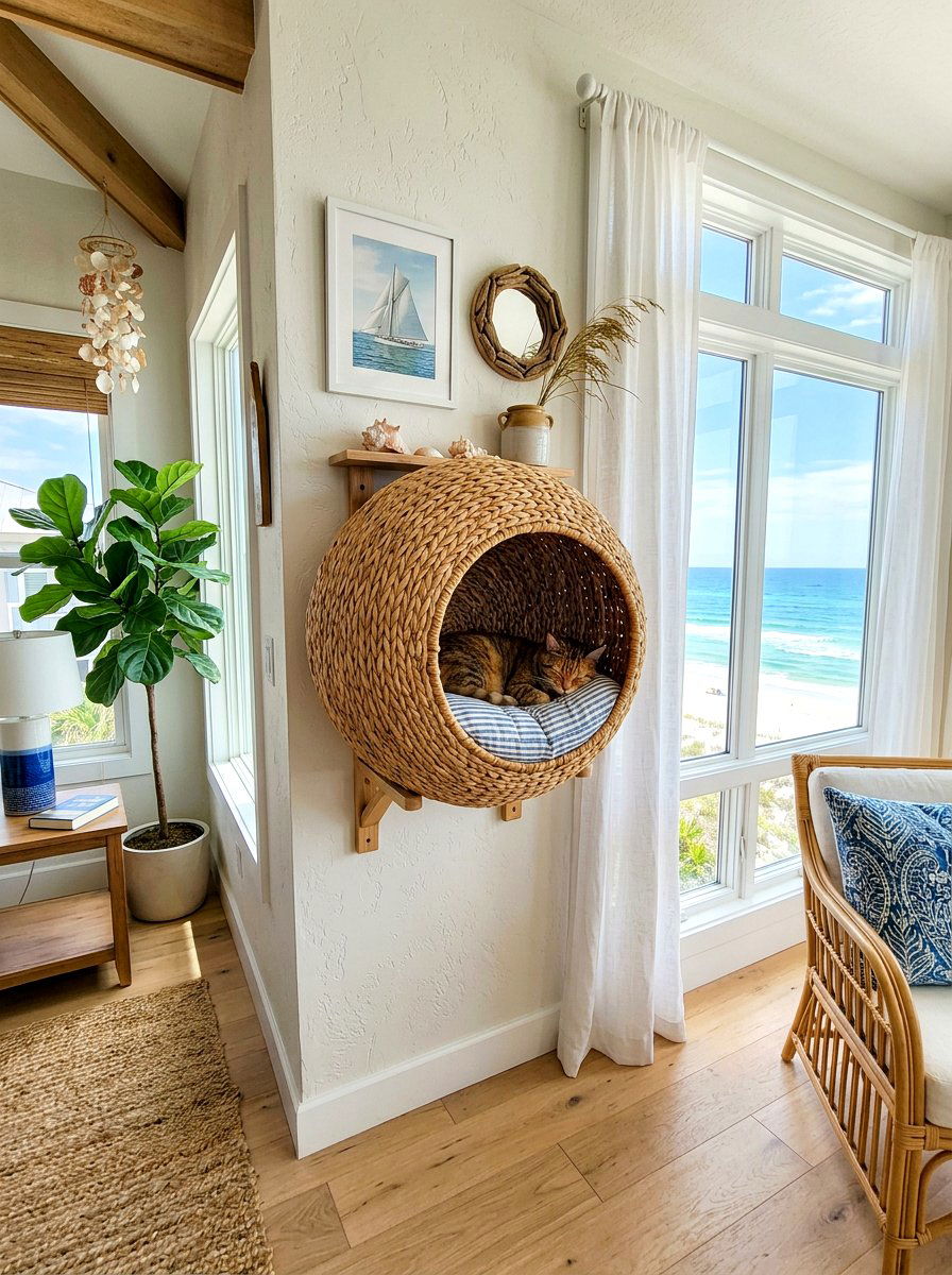 Rattan Cat Wall Basket - 30 cat climbing wall aesthetic ideas