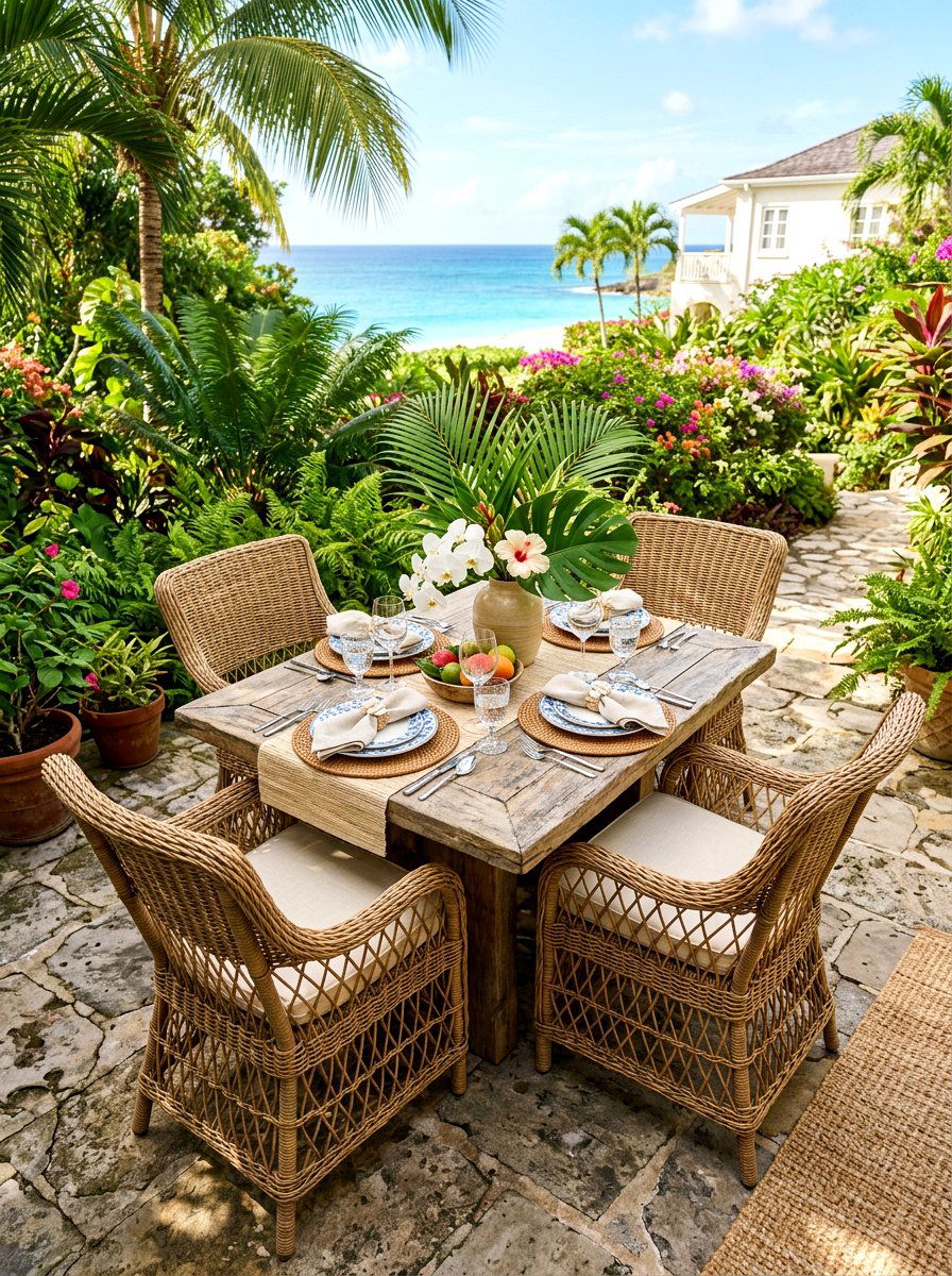 Rattan Coastal Outdoor Dining - 30 seafood dinner table ideas aesthetic