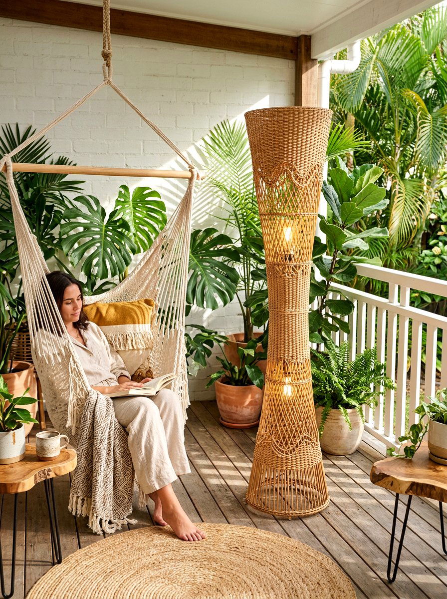 Rattan Floor Lamp - 30 lamp lit patio ideas