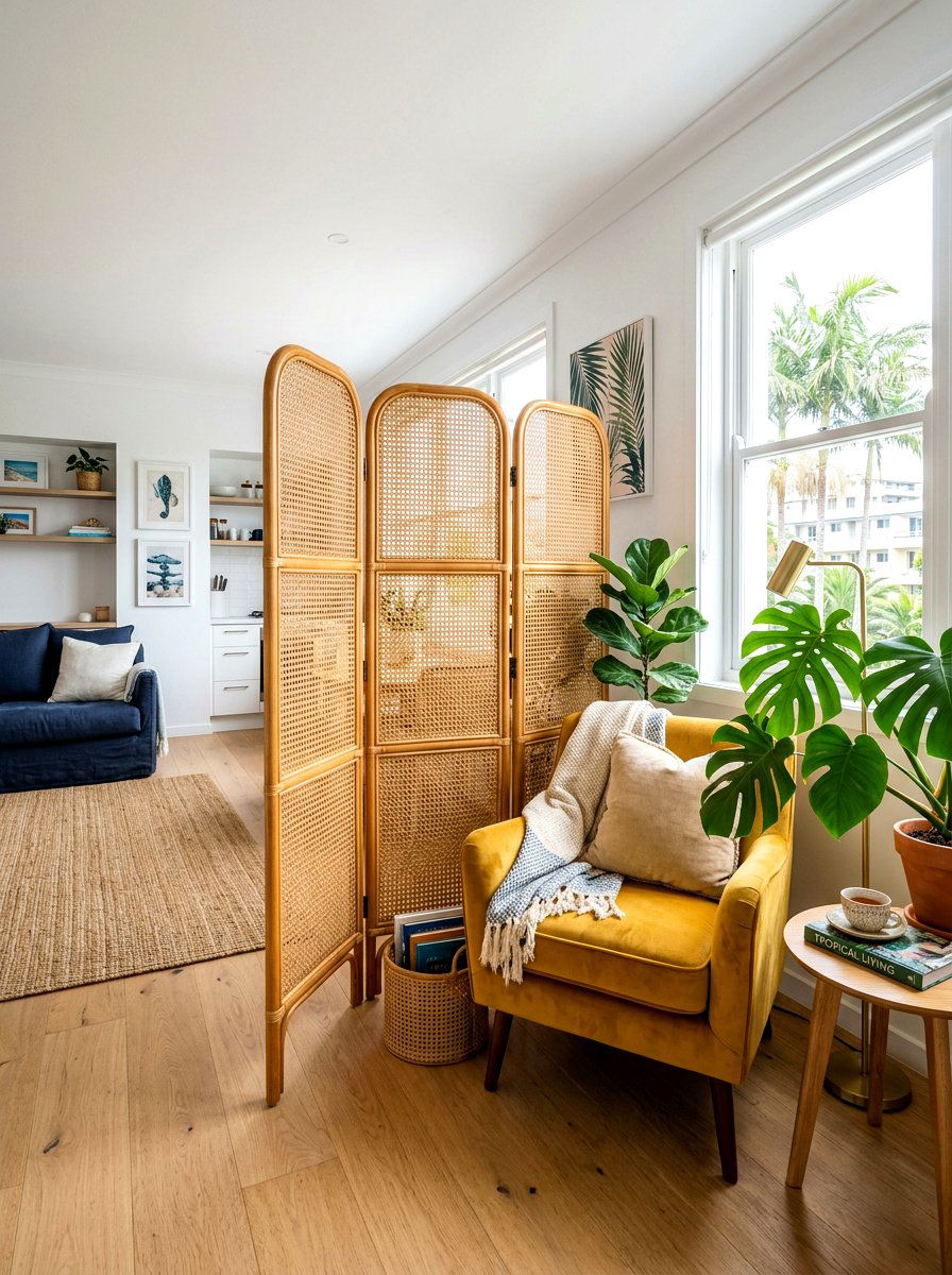 Rattan Folding Divider - 30 studio apartment divider ideas