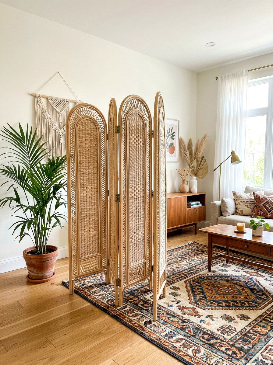 Rattan Folding Screen - 30 room divider apartment aesthetic ideas