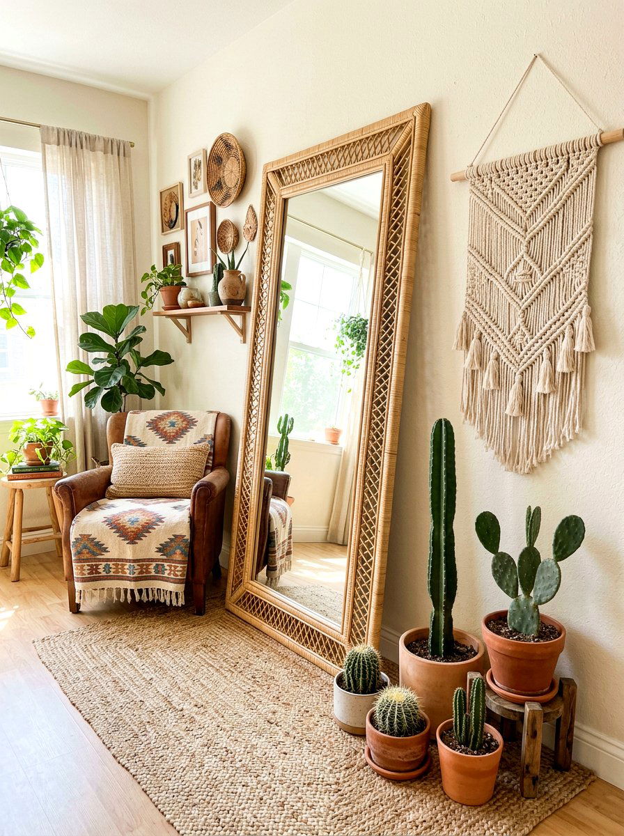 Rattan Frame Leaning Mirror Boho Living - 30 oversized mirror leaning wall ideas