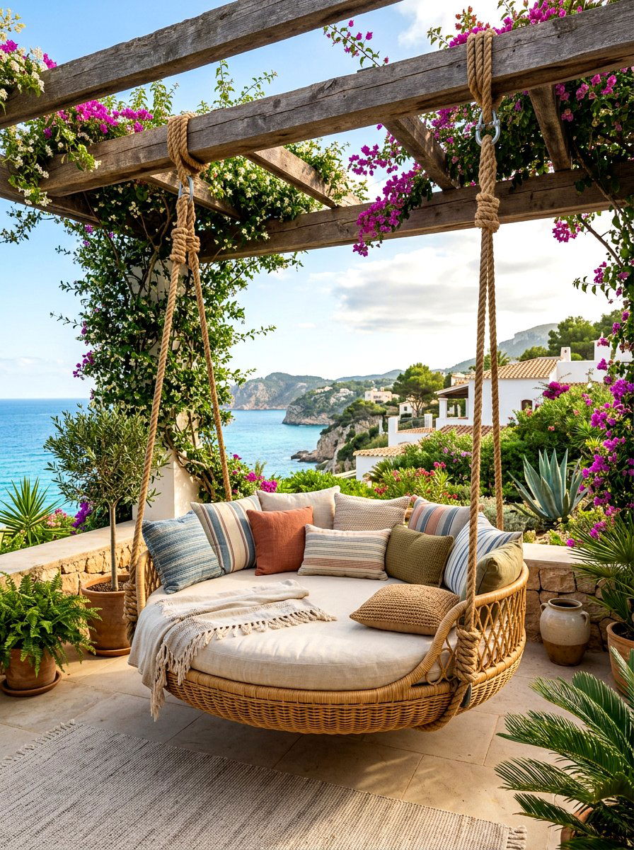 Rattan Hanging Bed - 30 poolside lounge ideas