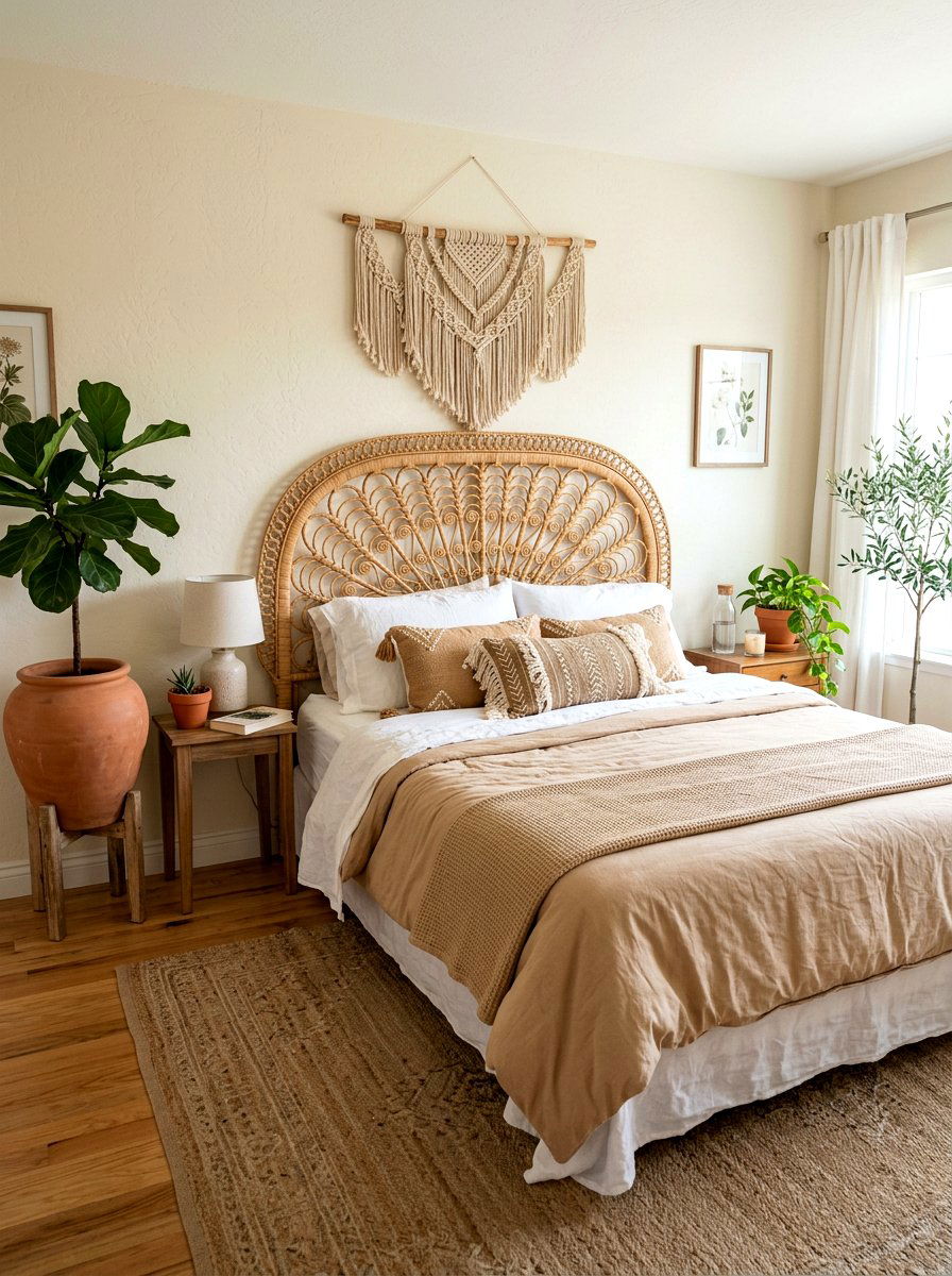Rattan Headboard - 30 earthy bedroom decor ideas