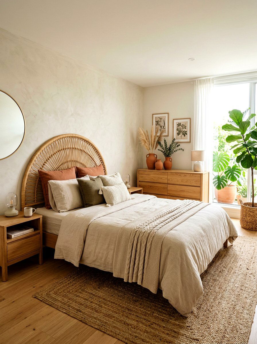 Rattan Headboard Earthy Bedroom - 30 earthy minimalist bedroom ideas