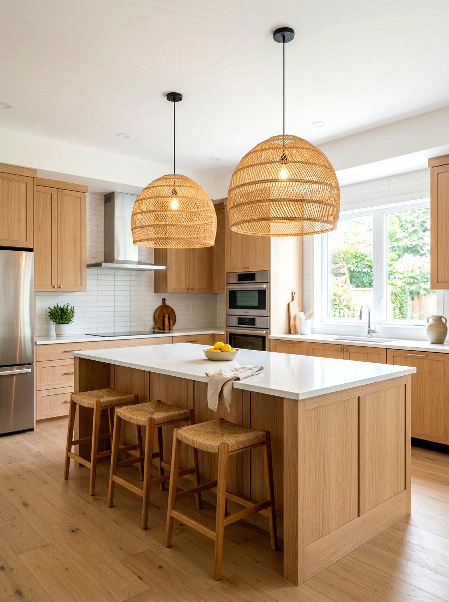Rattan Kitchen Pendant Lights - 30 layered kitchen decor ideas