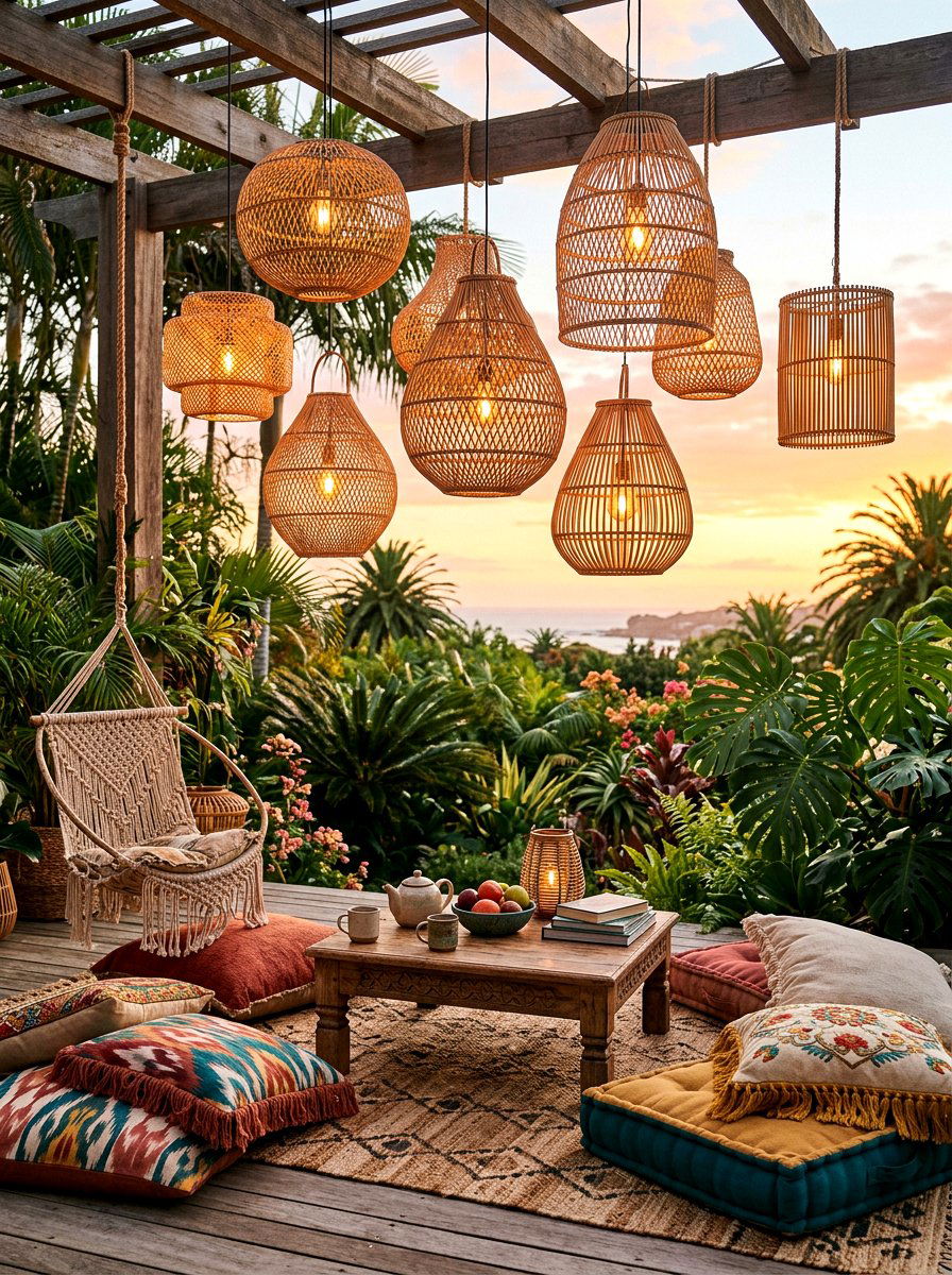Rattan Lantern Cluster - 30 lantern cluster patio ideas