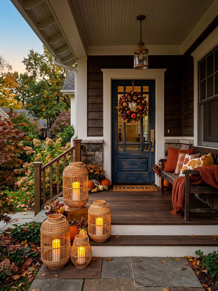 Rattan Lantern Porch Lighting - 30 natural harvest decor ideas