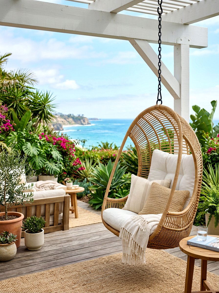 Rattan Outdoor Hanging Chair - 30 breezy coastal patio ideas