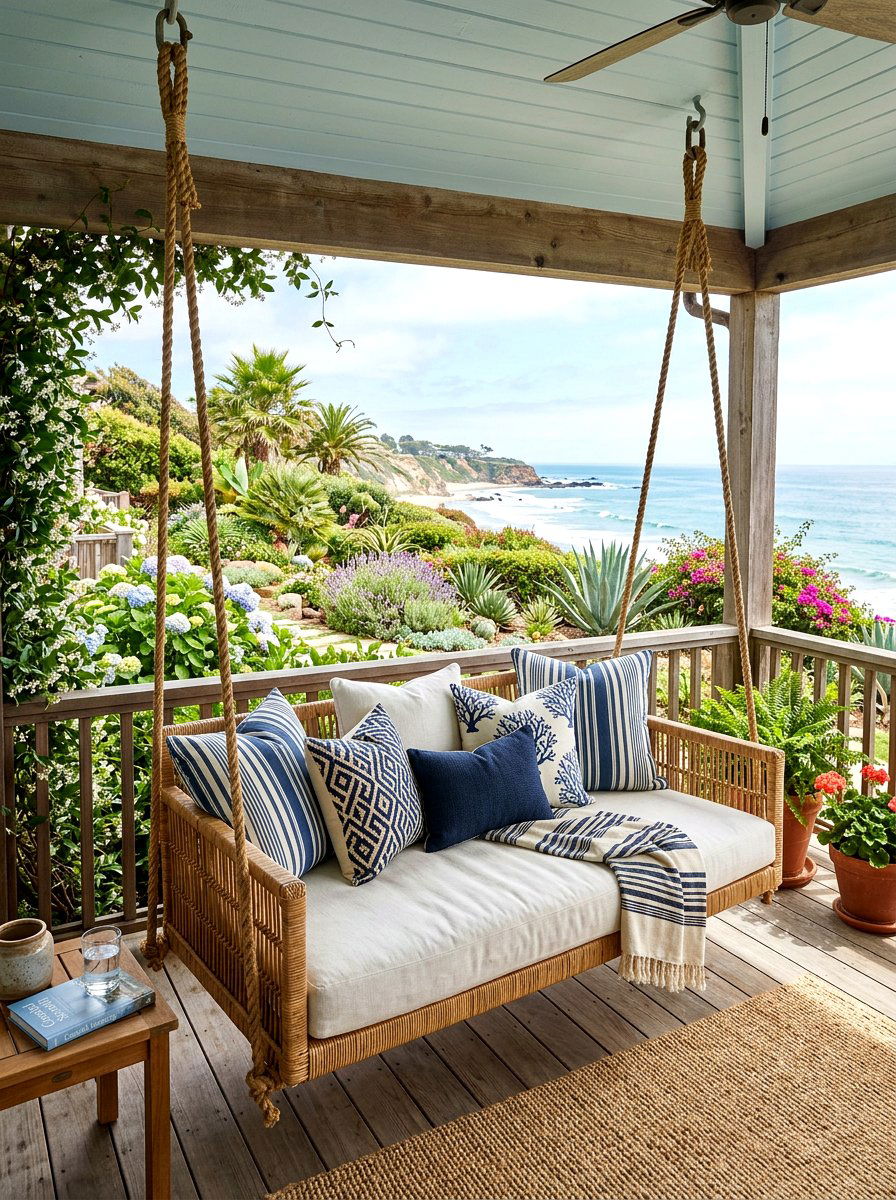 Rattan Porch Swing - 30 coastal prep porch ideas