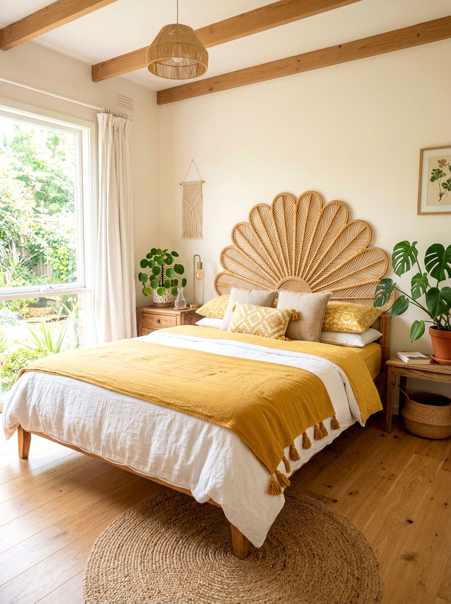 Rattan Sunburst Headboard - 30 statement headboard bedroom ideas