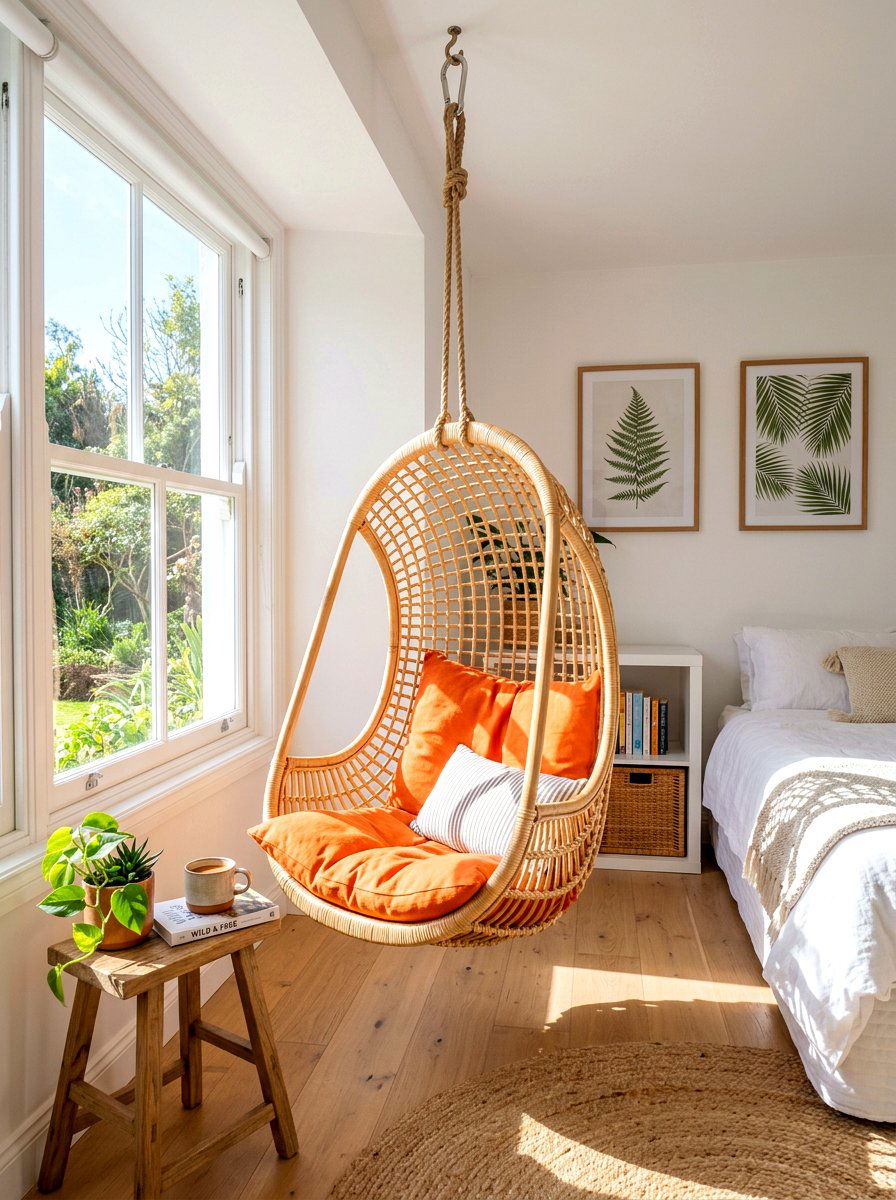 Rattan Swing Chair - 30 sunrise inspired bedroom ideas