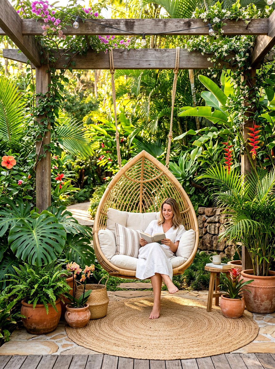 Rattan Teardrop Swing Garden - 30 hanging chair patio ideas