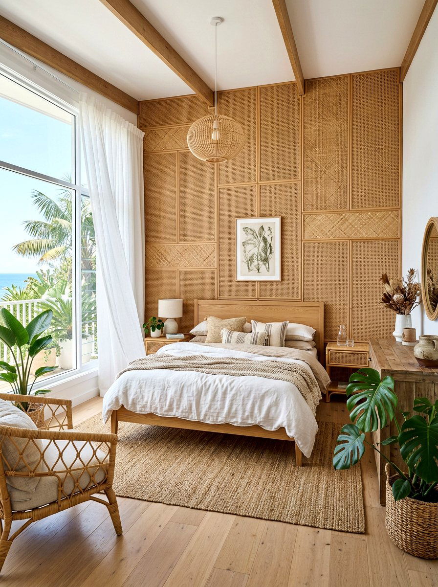 Rattan Texture Wall - 30 bedroom accent wall ideas