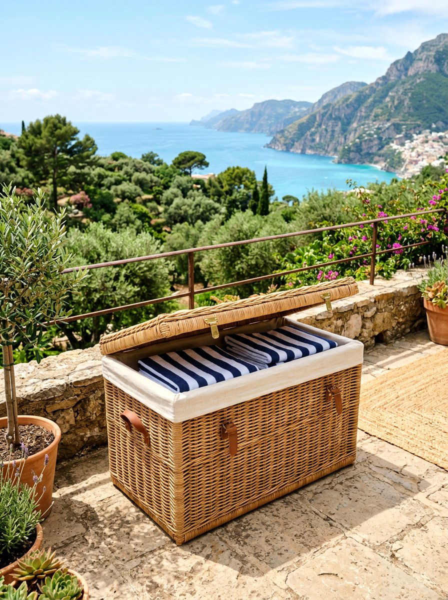 Rattan Towel Trunk - 30 outdoor towel storage ideas