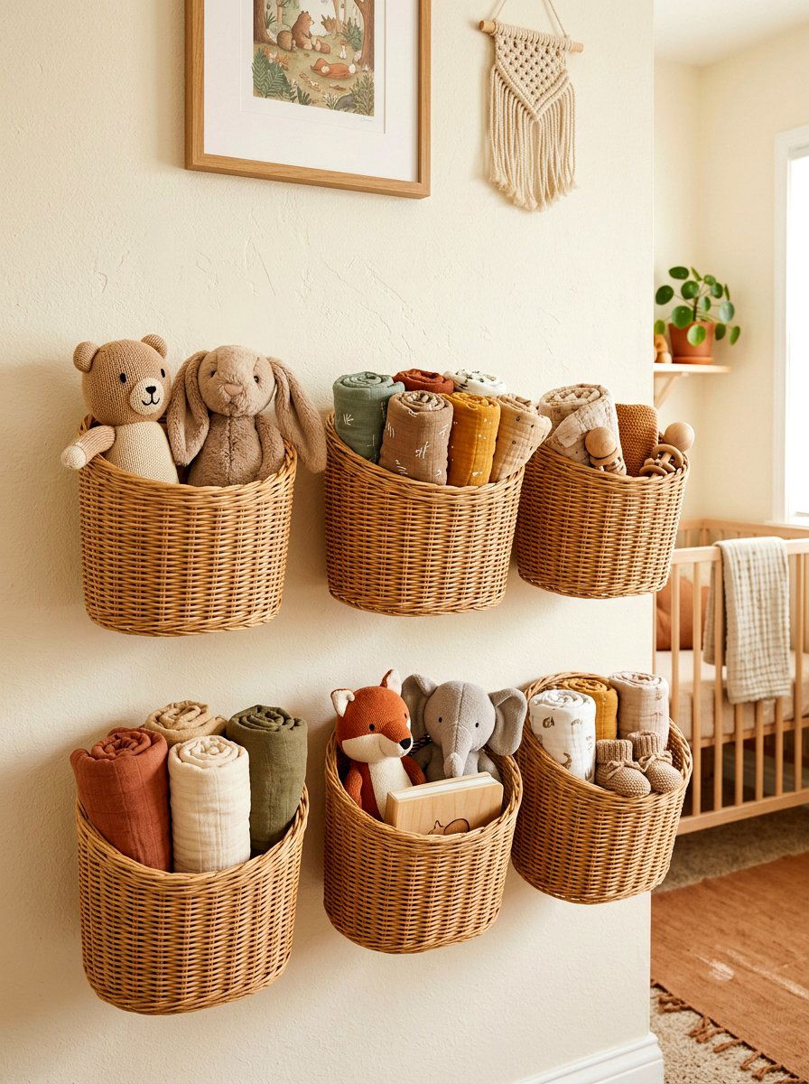 Rattan Wall Basket - 30 nursery shelf styling ideas