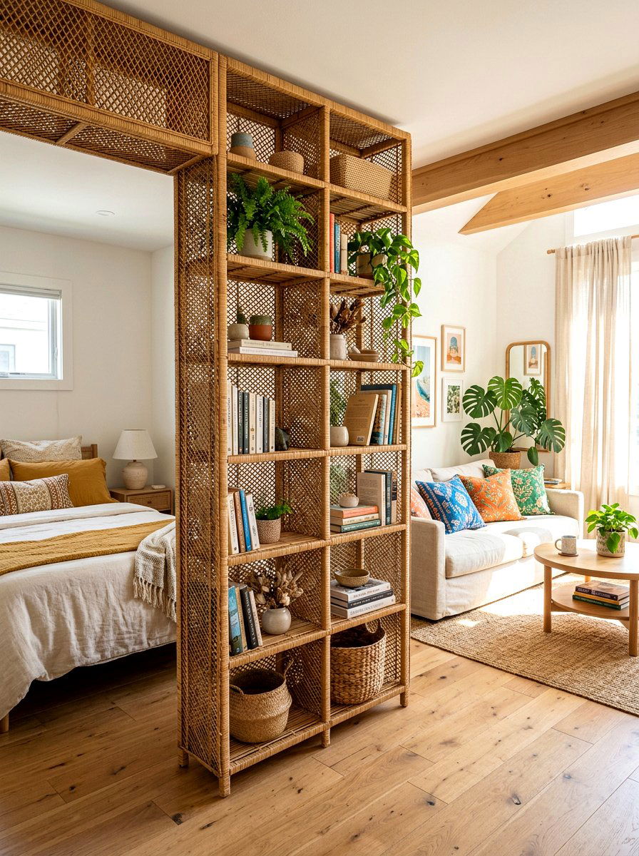 Rattan Weave Bookshelf Partition - 30 bookshelf divider apartment ideas