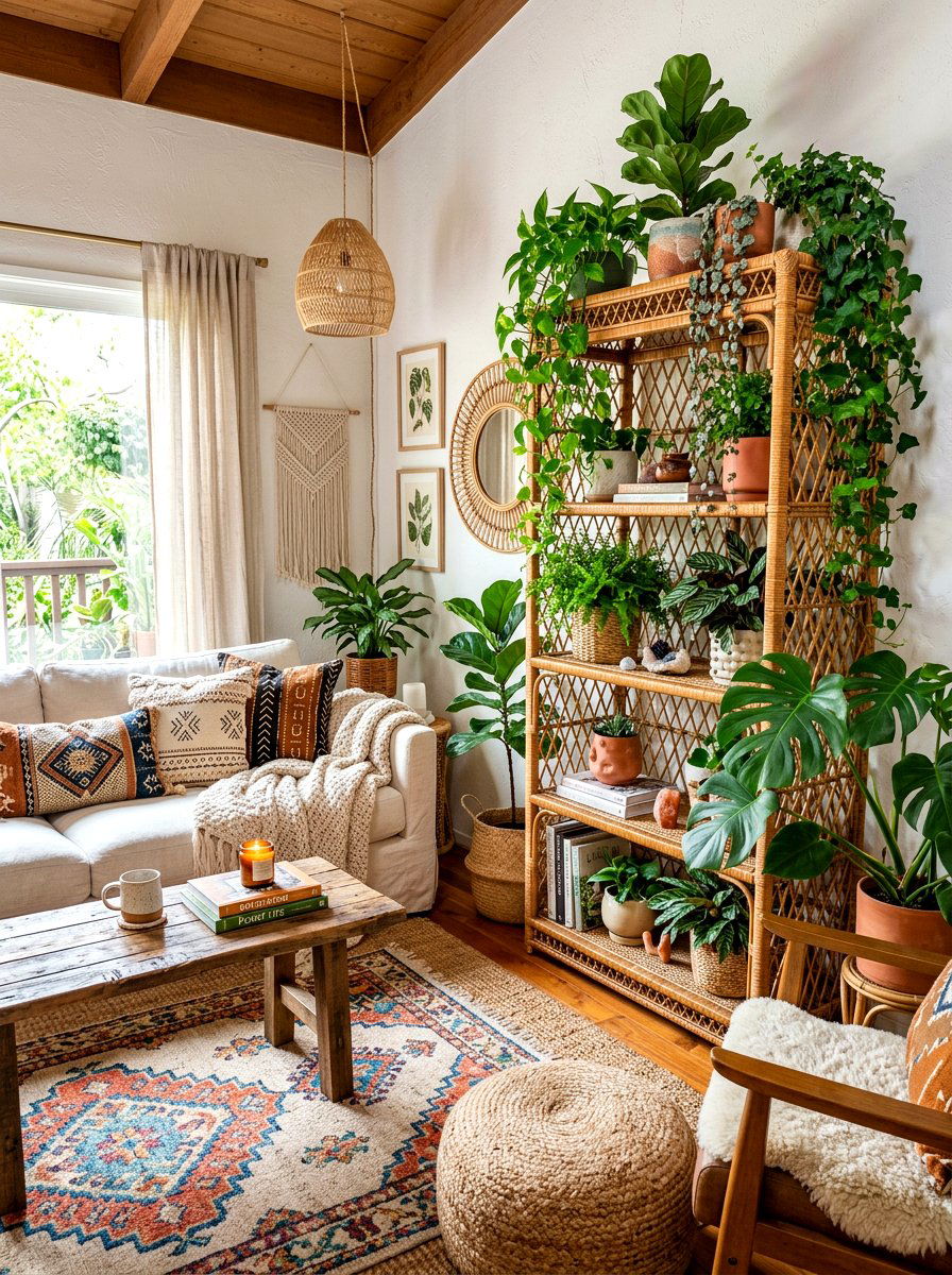 Rattan Woven Shelf - 30 apartment plant shelf ideas