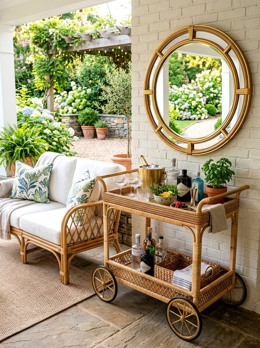 Rattan bar cart porch - 30 rattan porch lounge ideas