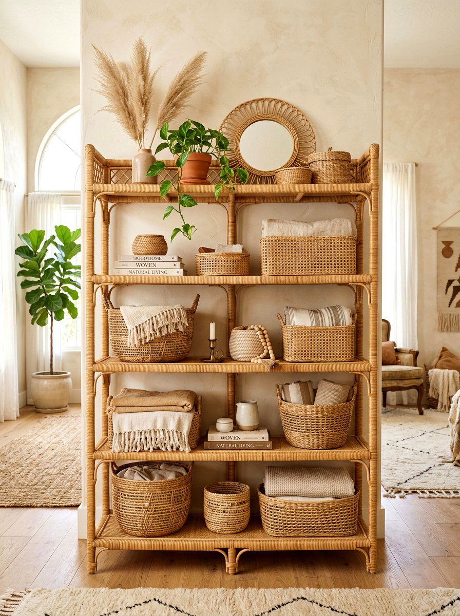 Rattan basket shelf - 30 summer shelf decor ideas