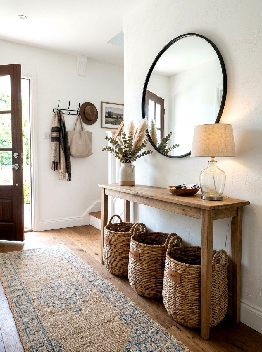 Rattan baskets for hallway storage - 30 narrow rental hallway ideas