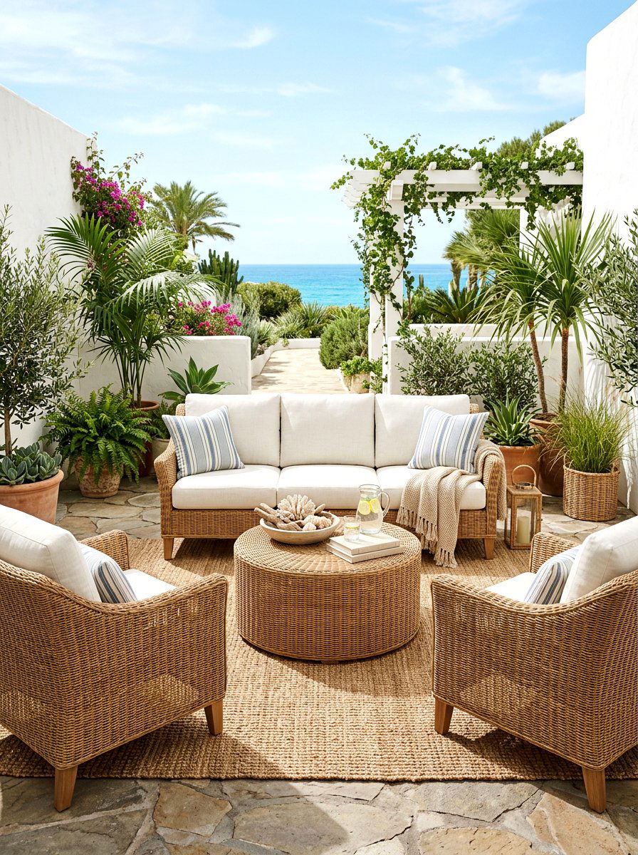 Rattan coastal furniture - 30 beach house patio ideas