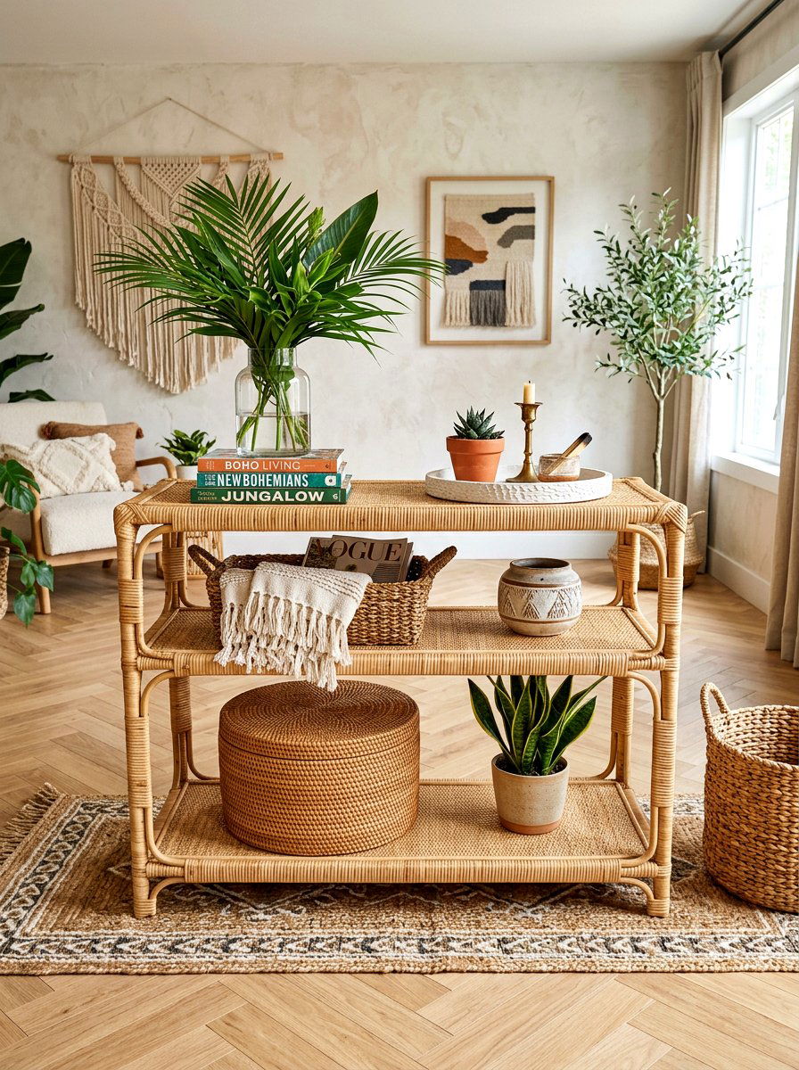 Rattan console table - 30 summer foyer decor ideas