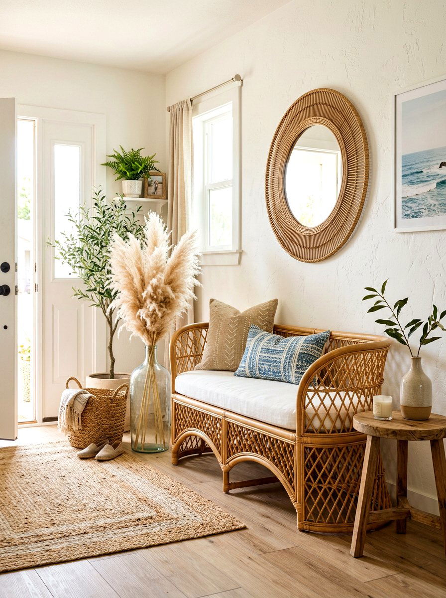 Rattan entryway bench - 30 summer foyer decor ideas