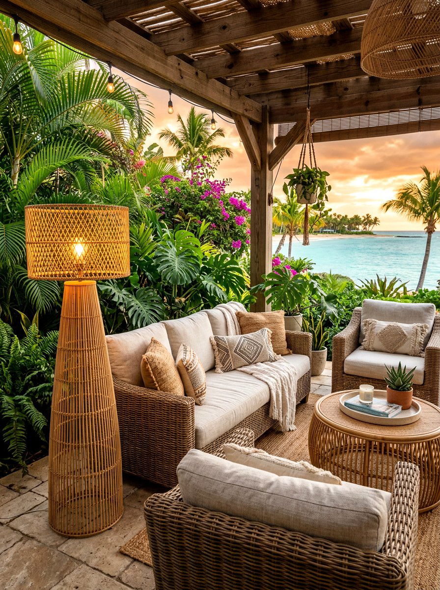 Rattan floor lamp - 30 cozy lamp lit living room ideas