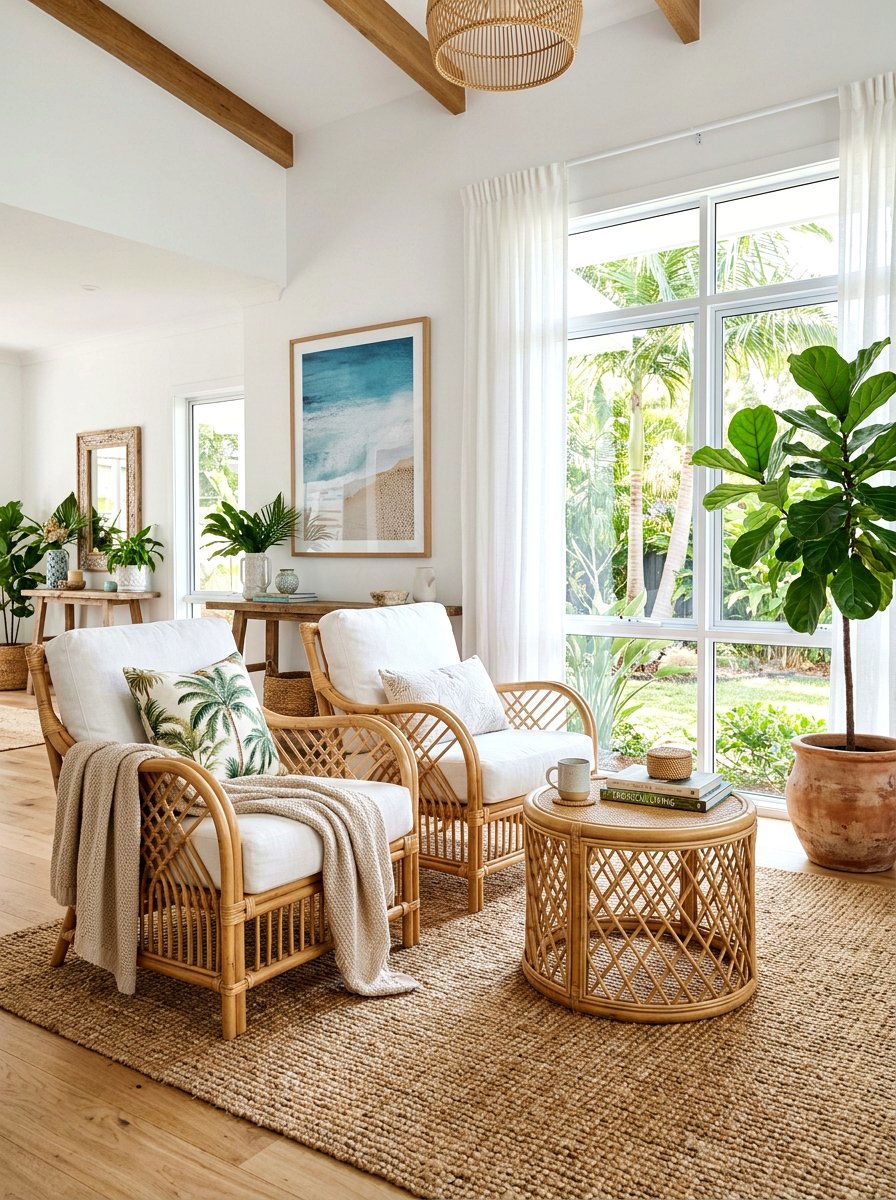 Rattan furniture living room - 30 coastal summer living room ideas