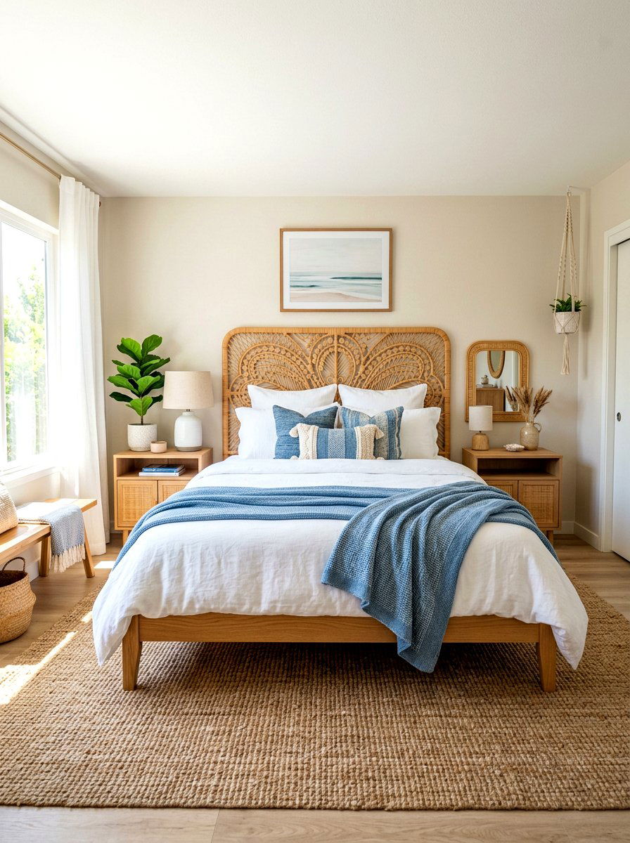 Rattan headboard bedroom - 30 coastal prep bedroom ideas