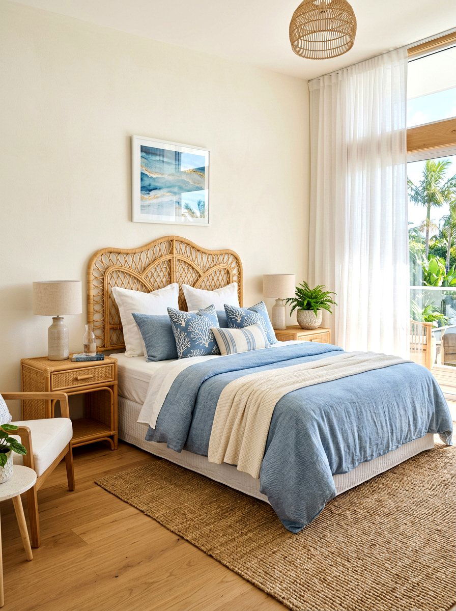 Rattan headboard coastal bedroom - 30 beach cottage bedroom ideas
