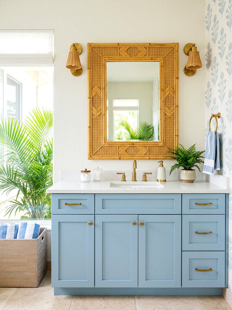 Rattan mirror frame - 30 coastal grandmother bathroom ideas