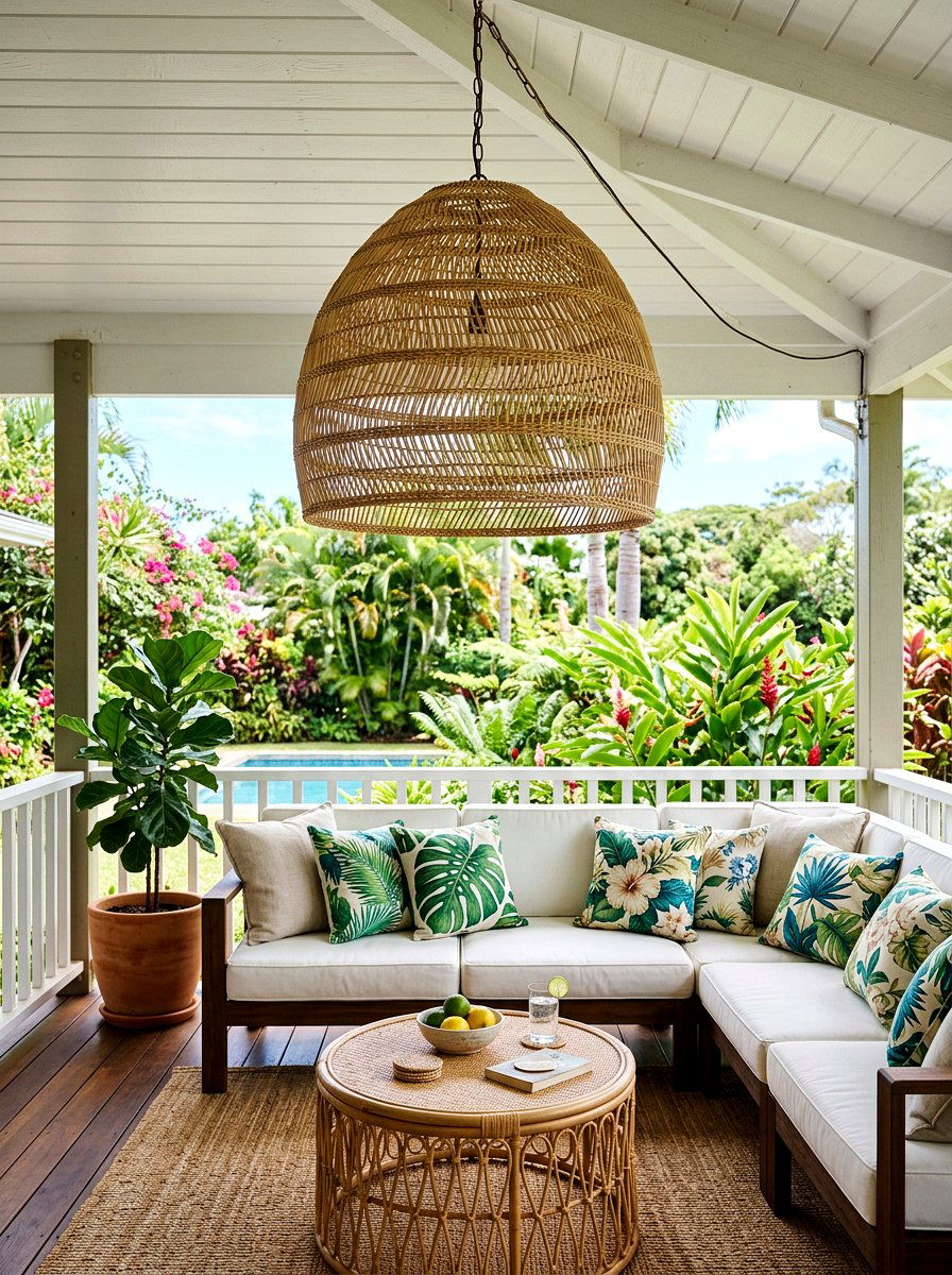 Rattan pendant light porch - 30 rattan porch lounge ideas