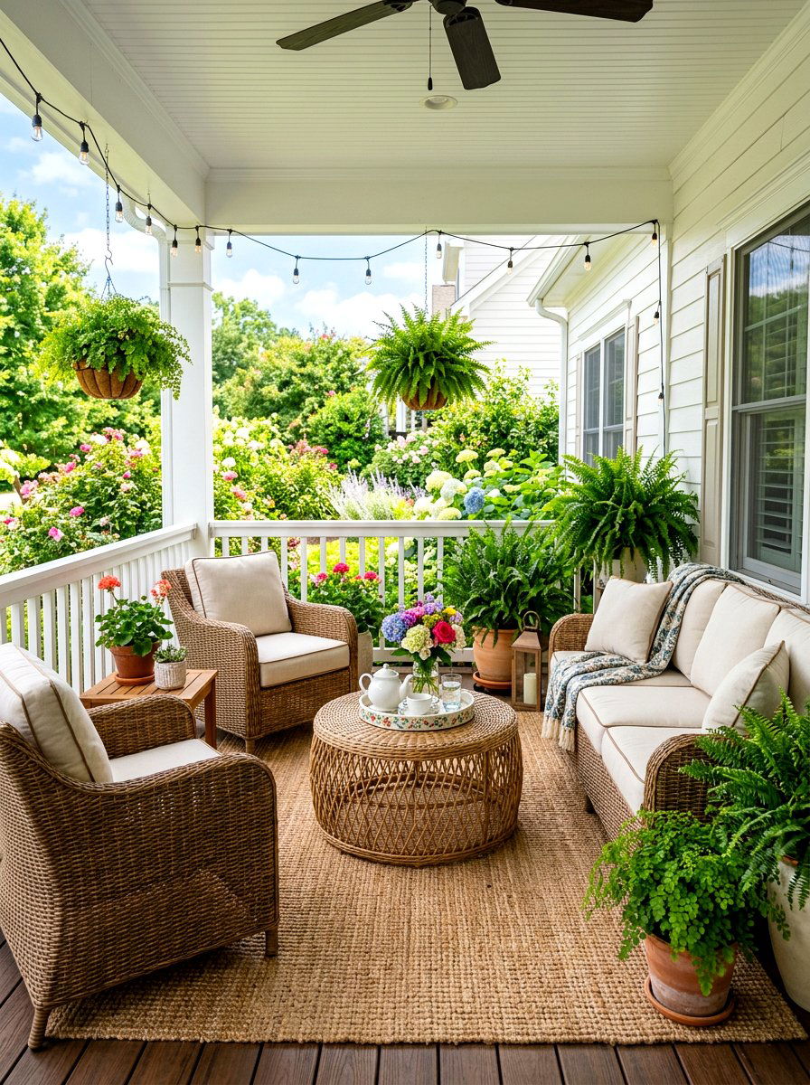 Rattan porch seating set - 30 Nancy Meyers front porch ideas