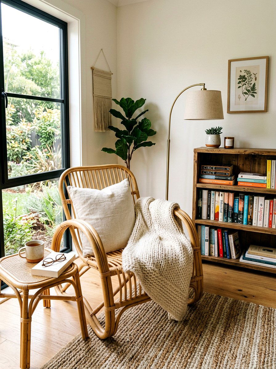 Rattan reading nook chair - 30 coastal grandmother decor ideas