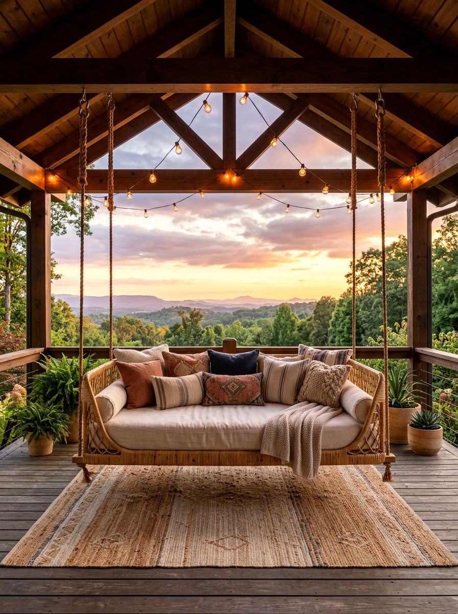 Rattan swing bed porch - 30 rattan porch lounge ideas