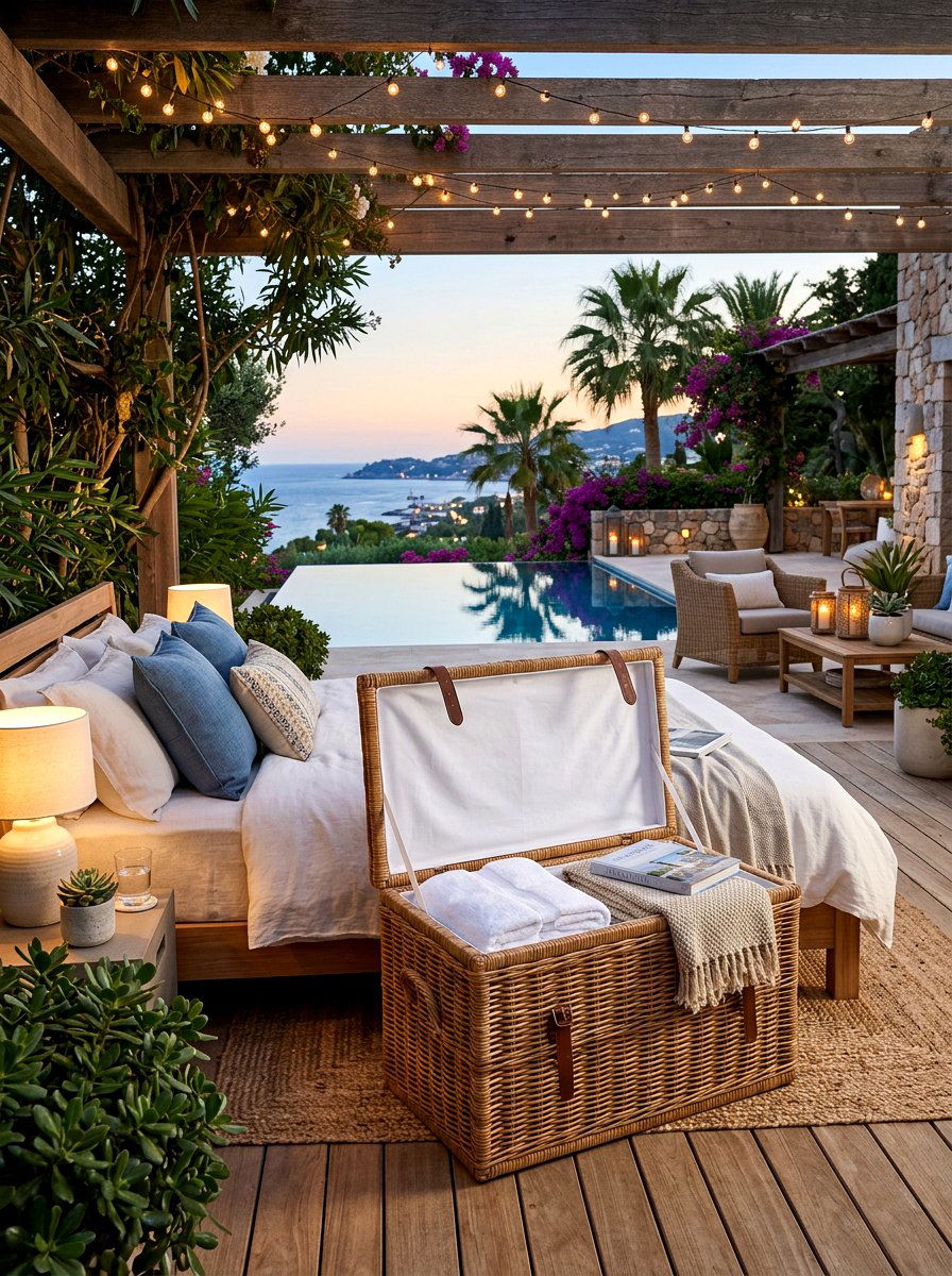 Rattan trunk with fabric liner - 30 outdoor blanket storage ideas