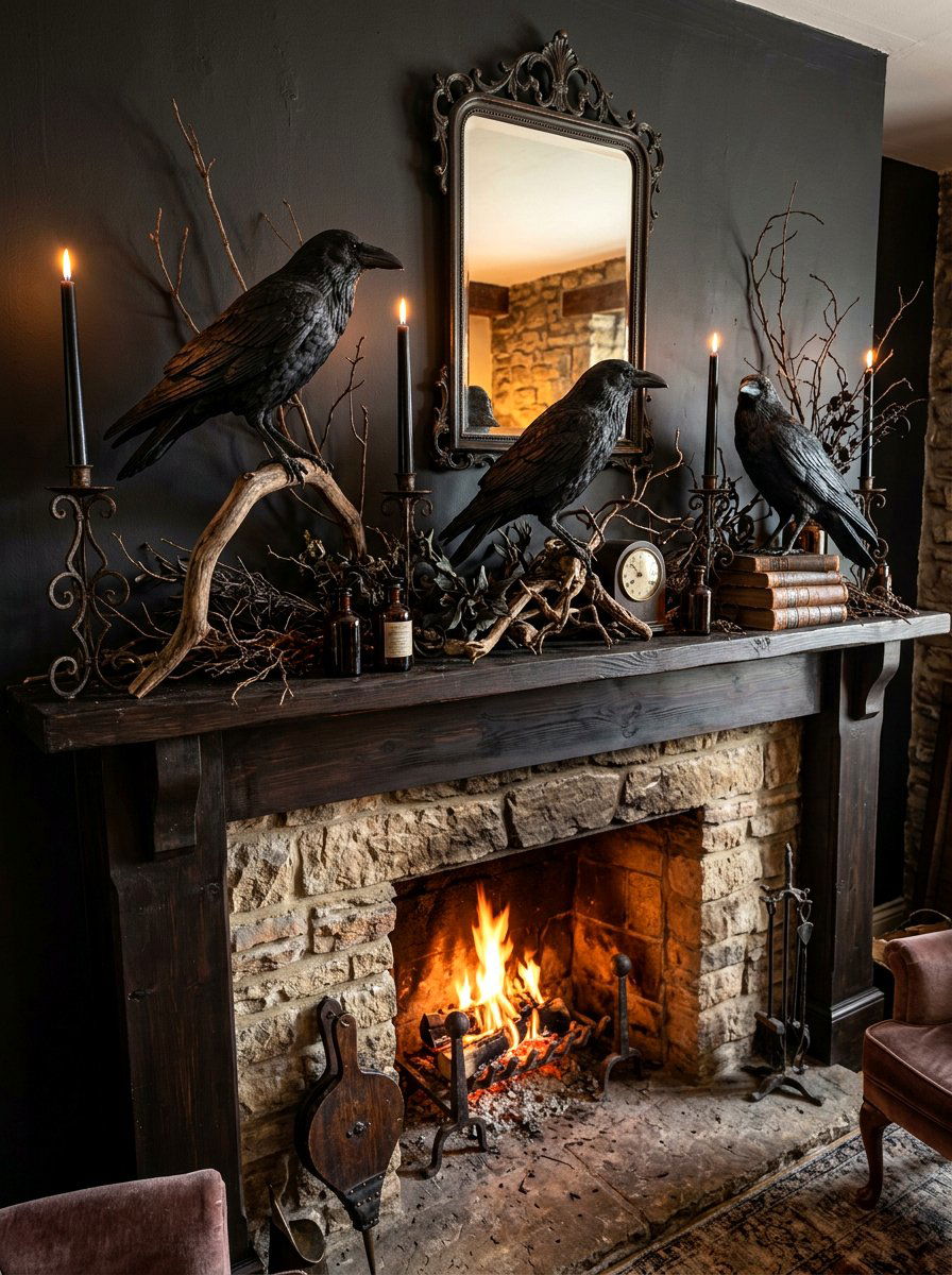 Raven bird figurines - 30 moody mantel fall ideas