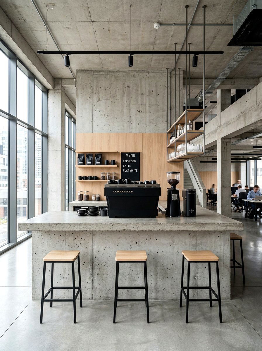 Raw concrete office coffee bar - 30 office coffee corner ideas